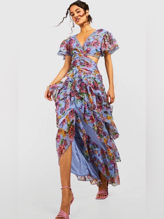 Boohoo Dresses & Skirts - Boohoo Floral Dobby Cut Out Ruffle Maxi Dress Blue Boho Size 6